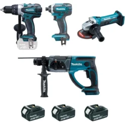 Ensemble De 4 Machines MAKITA - 3 Batteries 18V Li-Ion 4.0 - Perceuse DDF458 + Meuleuse DTD152 + Perfo DHR202 + Visseuse DGA452 - DLX4054MX1