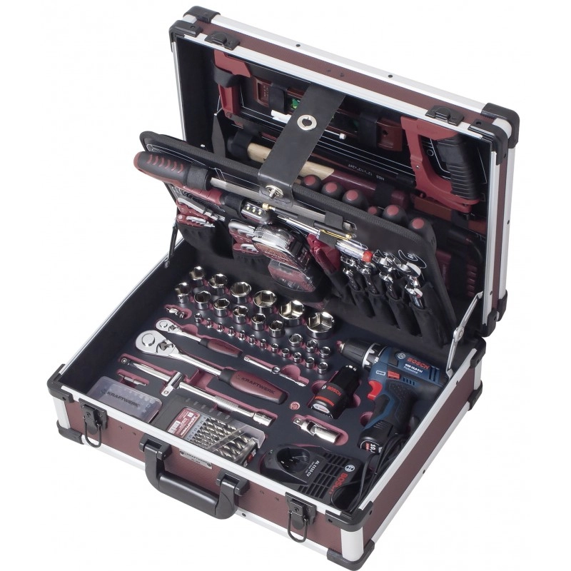 Coffret D'outils Pro-Line KRAFTWERK 264 Pièces + Perceuse Visseuse BOSCH 1/4" 1/2" - 3949 1 Coffret D'outils Pro-Line KRAFTWERK 264 Pièces + Perceuse Visseuse BOSCH 1/4" 1/2" - 3949