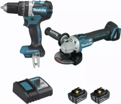 Ensemble De 2 Machines 18 V Li-Ion 5 Ah MAKITA Meuleuse DGA506 + Perceuse DHP484 - 2 Batteries, Chargeur, Coffret - DLX2210TJ1