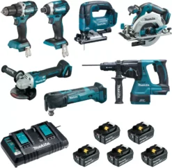 Ensemble De 7 Machines MAKITA Perceuse DDF484 + Visseuse DTD154 + Meuleuse DGA506 + Scie DHS680 + Perfo DHR243 + Découpeur DTM51 + Scie DJV182 - DLX7014PTJ